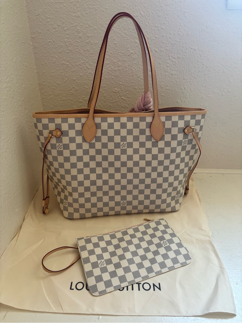Louis Vuitton Damier Azur Neverfull Tote with Pink Scarf Accent - Picture 8 of 11